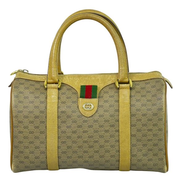 GUCCI Sherry Micro GG PVC Mini Boston Handbag Brown Gold - Picture 1 of 10